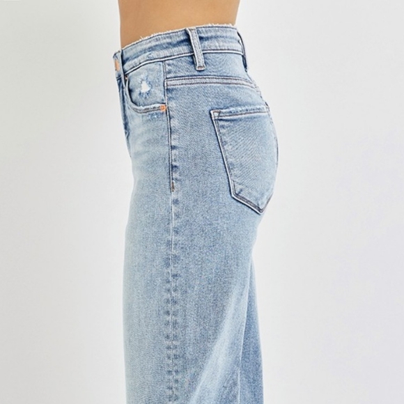 RISEN High-Rise Wide Leg Tummy Control Pants Distressed Cropped Denim Blue Jeans - Picture 5 of 15
